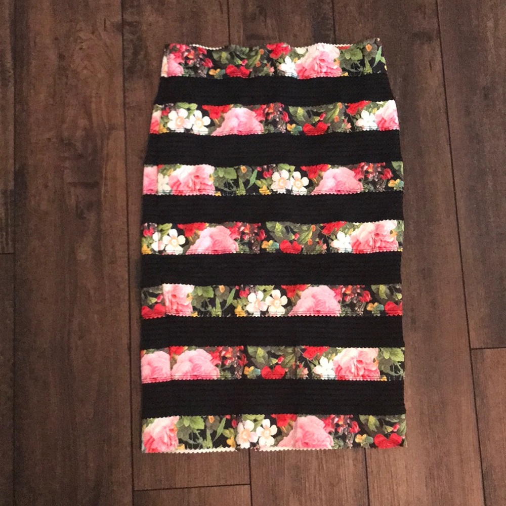 Floral and black striped pencil skirt